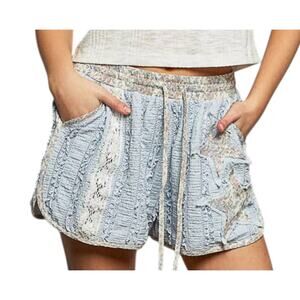 POL Blue Boho Patchwork Shorts Size Small Ruffle Elastic Waist Festival